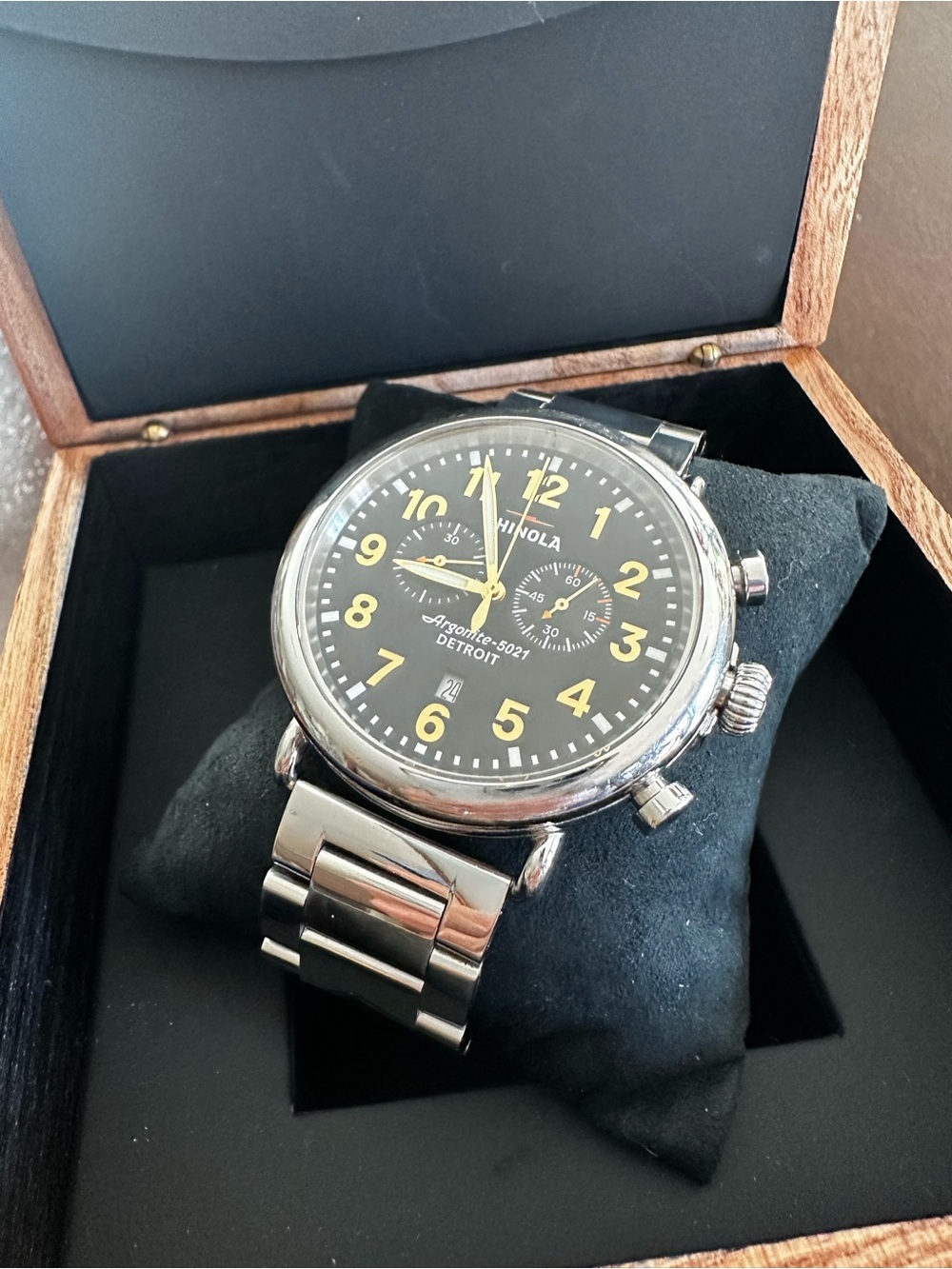 Shinola Runwell for Neiman Marcus Black Chronograph with Yellow Numerals